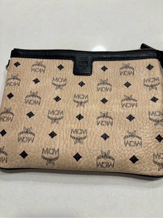 MCM Handbags - MCM Beige Monogram Wristlet with Black Trim